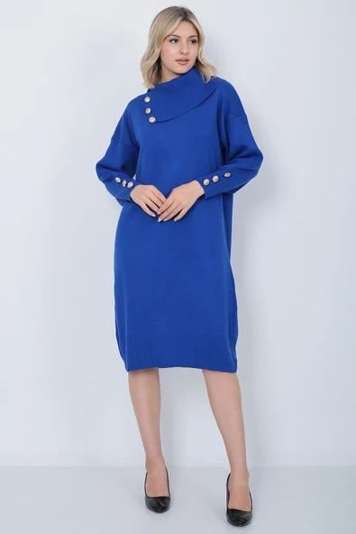 Triko Uzun Kadın Elbise Yaka Düğmeli Mavi - Resim 6