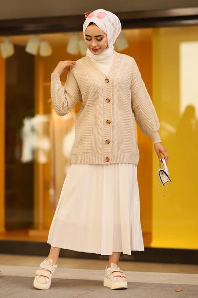 Oversize Kadın Tesettür Triko Hırka Taş - 8