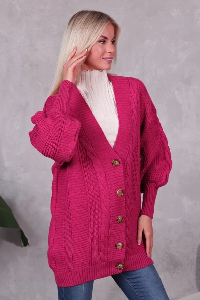 Lugmo Kadın Triko Hırka Akrilik iplik 80 cm Saç Örgülü Fuşya - Resim 3