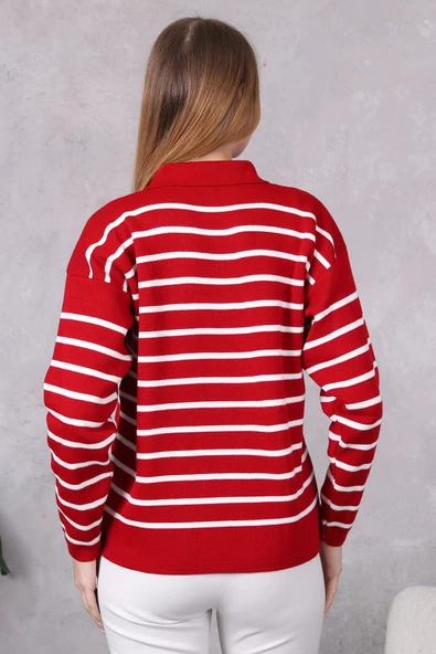 Kadın Polo Yaka Oversize Çizgili Fermuarlı Triko Kazak Kırmızı - Resim 6