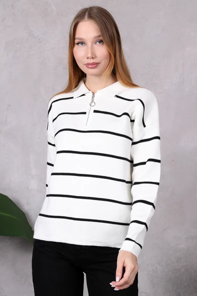 Kadın Polo Yaka Oversize Çizgili Fermuarlı Triko Kazak Ekru - 3