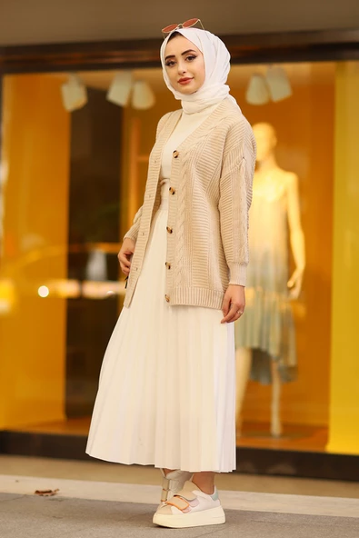 Oversize Kadın Tesettür Triko Hırka Taş - 3