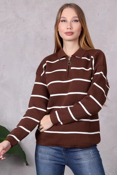 Kadın Polo Yaka Oversize Çizgili Fermuarlı Triko Kazak Kahverengi - 5