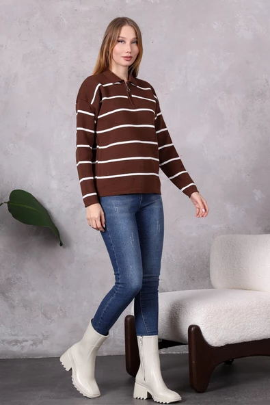 Kadın Polo Yaka Oversize Çizgili Fermuarlı Triko Kazak Kahverengi - 7