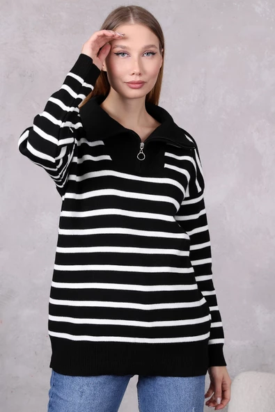 Kadın Kamyoncu Yaka Oversize Çizgili Fermuarlı Uzun Triko Kazak Siyah - Resim 2