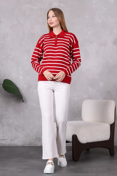 Kadın Polo Yaka Oversize Çizgili Fermuarlı Triko Kazak Kırmızı - Resim 9