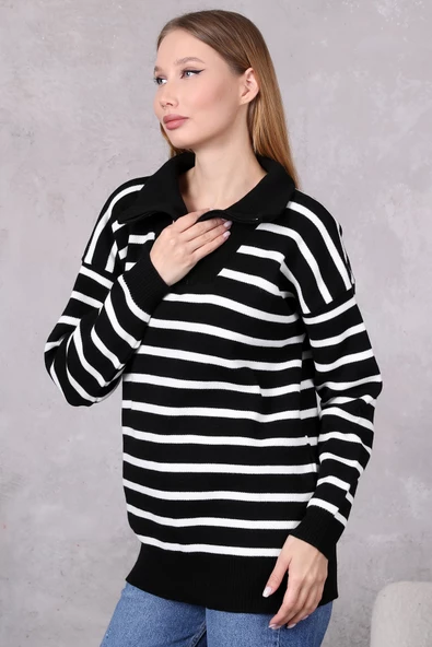 Kadın Kamyoncu Yaka Oversize Çizgili Fermuarlı Uzun Triko Kazak Siyah - Resim 4