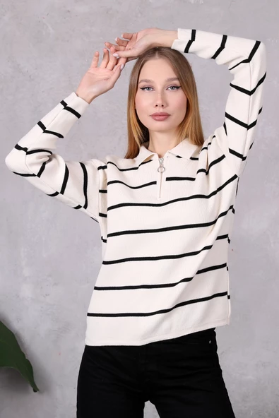 Kadın Polo Yaka Oversize Çizgili Fermuarlı Triko Kazak Ten Rengi - Resim 6