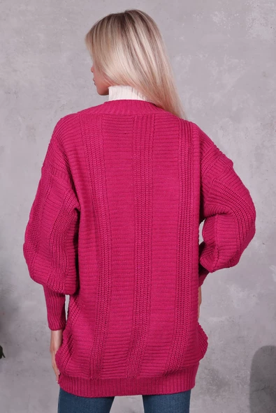 Lugmo Kadın Triko Hırka Akrilik iplik 80 cm Saç Örgülü Fuşya - Resim 7