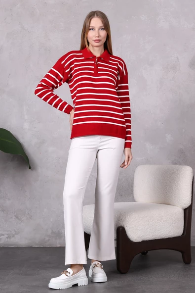 Kadın Polo Yaka Oversize Çizgili Fermuarlı Triko Kazak Kırmızı - Resim 8
