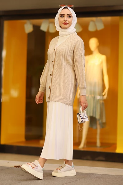 Oversize Kadın Tesettür Triko Hırka Taş - 6