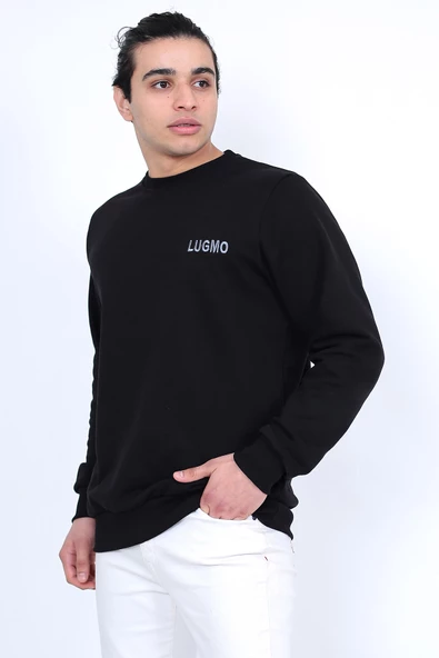 Lugmo Erkek Sweatshirt 3 İplik Kompak Kumaş Kazak Regular Siyah