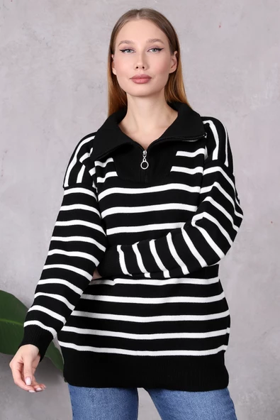 Kadın Kamyoncu Yaka Oversize Çizgili Fermuarlı Uzun Triko Kazak Siyah - Resim 10
