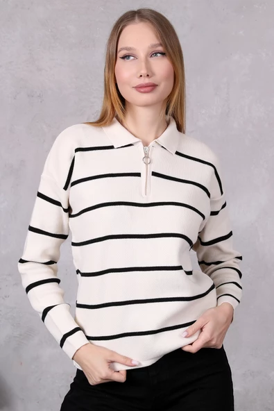 Kadın Polo Yaka Oversize Çizgili Fermuarlı Triko Kazak Ten Rengi ürün görseli 1