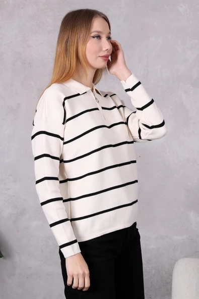 Kadın Polo Yaka Oversize Çizgili Fermuarlı Triko Kazak Ten Rengi - Resim 2