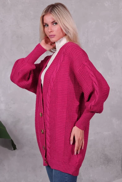 Lugmo Kadın Triko Hırka Akrilik iplik 80 cm Saç Örgülü Fuşya - Resim 4