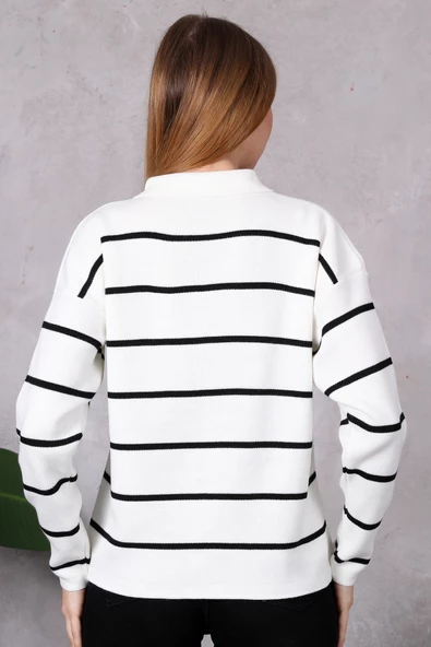 Kadın Polo Yaka Oversize Çizgili Fermuarlı Triko Kazak Ekru - 9