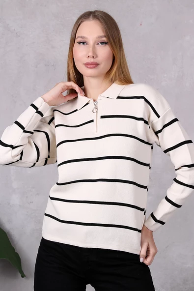 Kadın Polo Yaka Oversize Çizgili Fermuarlı Triko Kazak Ten Rengi - Resim 3