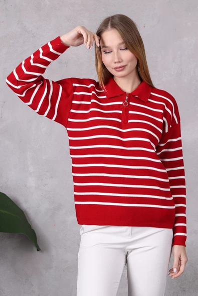 Kadın Polo Yaka Oversize Çizgili Fermuarlı Triko Kazak Kırmızı - Resim 5