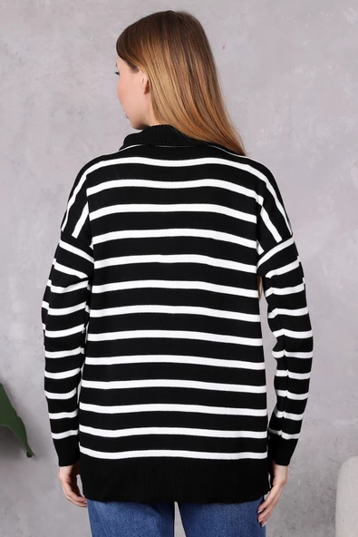 Kadın Kamyoncu Yaka Oversize Çizgili Fermuarlı Uzun Triko Kazak Siyah - Resim 9