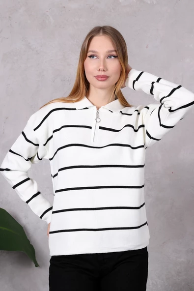 Kadın Polo Yaka Oversize Çizgili Fermuarlı Triko Kazak Ekru - 7