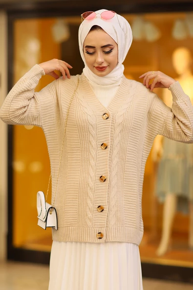 Oversize Kadın Tesettür Triko Hırka Taş - 7