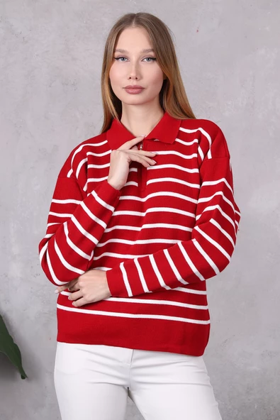 Kadın Polo Yaka Oversize Çizgili Fermuarlı Triko Kazak Kırmızı - Resim 3