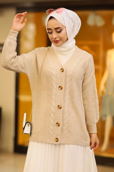 Oversize Kadın Tesettür Triko Hırka Taş - 2