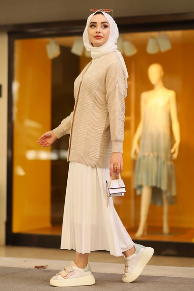 Oversize Kadın Tesettür Triko Hırka Taş - 9