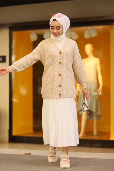 Oversize Kadın Tesettür Triko Hırka Taş - 4