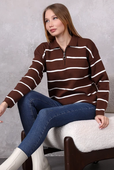 Kadın Polo Yaka Oversize Çizgili Fermuarlı Triko Kazak Kahverengi - 9