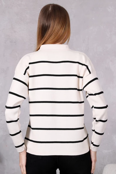 Kadın Polo Yaka Oversize Çizgili Fermuarlı Triko Kazak Ten Rengi - Resim 8