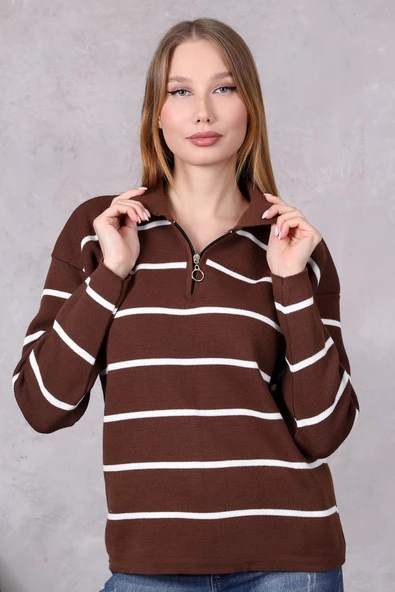 Kadın Polo Yaka Oversize Çizgili Fermuarlı Triko Kazak Kahverengi - 2