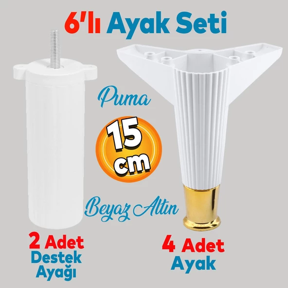 Elista 6'lı Set Mobilya Tv Ünitesi Yükseltici M8 Civatalı Destek Ayağı Ayakları 15 Cm Beyaz Altın