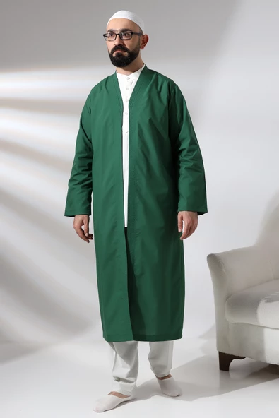 Yeşil Erkek Namaz Elbisesi V Yaka Düğmesiz Önü Açık Namaz Cübbesi - 7