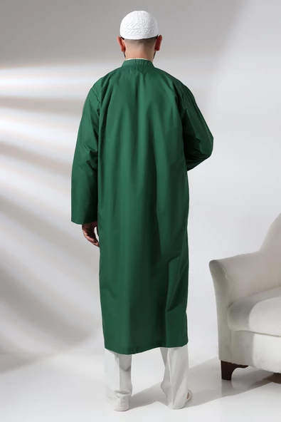 Yeşil Erkek Namaz Elbisesi V Yaka Düğmesiz Önü Açık Namaz Cübbesi - 5