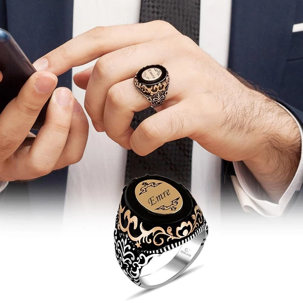 Plaka İsimli Siyah Onix Taşlı 925 Gümüş Erkek Yüzük - 3