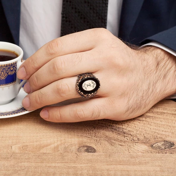 Plaka İsimli Siyah Onix Taşlı 925 Gümüş Erkek Yüzük - 4