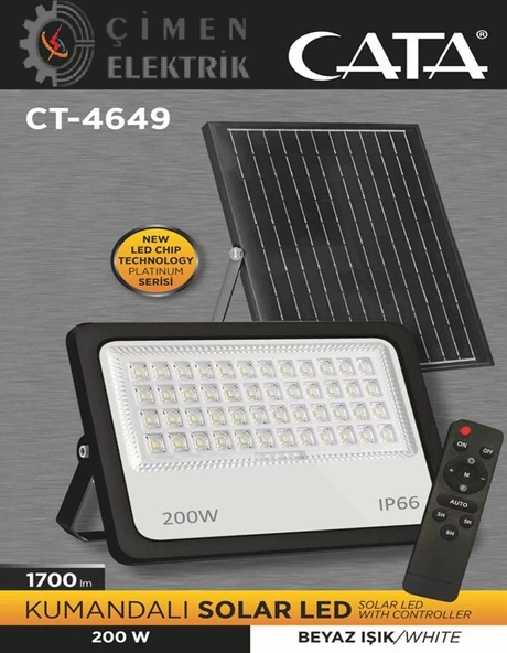 CATA CT 4649 200W Kumandalı Solar Led Projektör 6400K Beyaz Işık