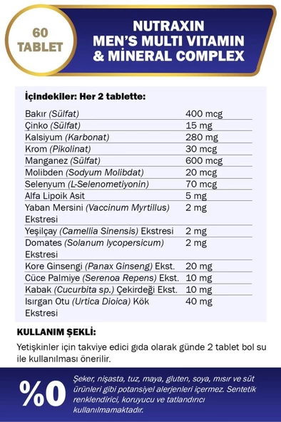 Nutraxin Multivitamin Mineral Complex Erkek 60 Tablet - 4
