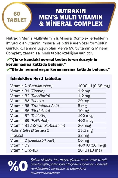Nutraxin Multivitamin Mineral Complex Erkek 60 Tablet - 3