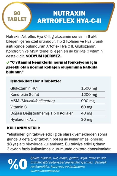 Nutraxin Artroflex Hya C-II 90 Tablet - Glukozamin Kondroitin MSM Tip 2 Kolajen Hyalüronik Asit Vitamin C - 2