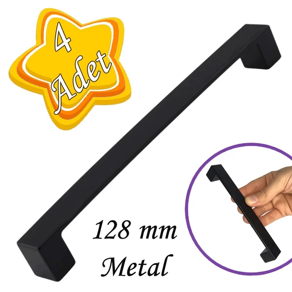 4 Adet Bihter Düz Kulp 128 mm Siyah Mutfak Kulpu Çekmece Dolap Kapak Kulbu Metal  Mobilya Dolabı K.