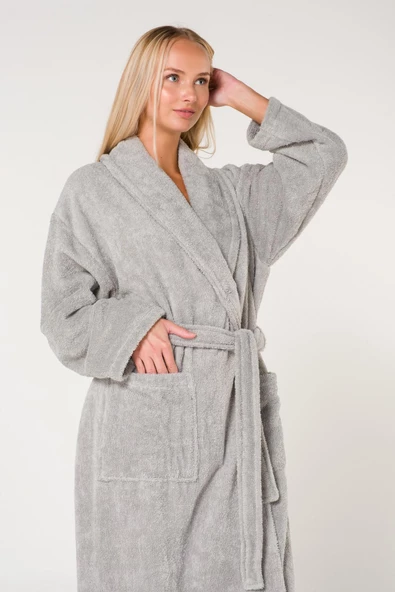 Düz ve Pamuklu Şal Yaka Kadın Bornoz - 9