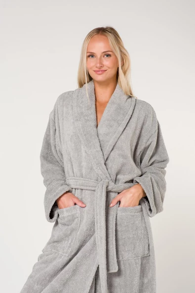 Düz ve Pamuklu Şal Yaka Kadın Bornoz - 5