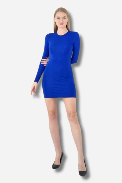 Modatalika Kadın Boncuk İşlemeli Uzun Kol Sırt Dekolteli Mini Elbise - Resim 9