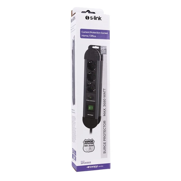 S-link Swapp SPGKS03 1.5m 3G1.5mm2 900 Joule 3Lü Akım Kor. Gri Priz Çoklayıcı 17385 - 4