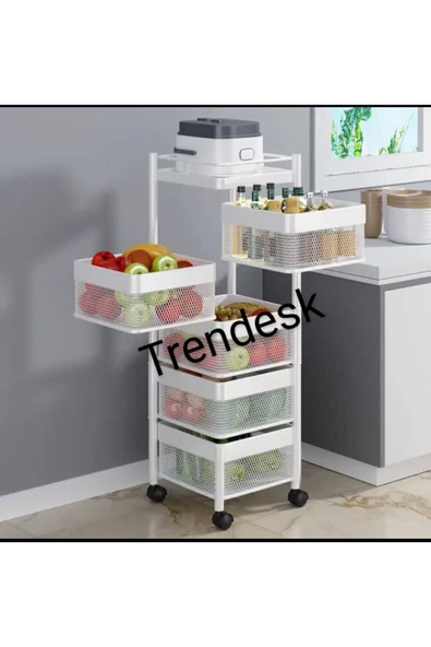 TRENDESK 5 Katlı Luxx  Beyaz  Metal Patates Soğan Sebze Meyve Sepeti Sebzelik Tekerlekli - 4