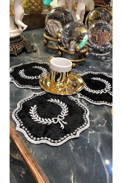 Arma Siyah Gold 6'lı Kokteyl Kahve Sunum Peçetesi Maraş Işi Sırma Nakış Işlemeli Sunumluk Peçete - 4