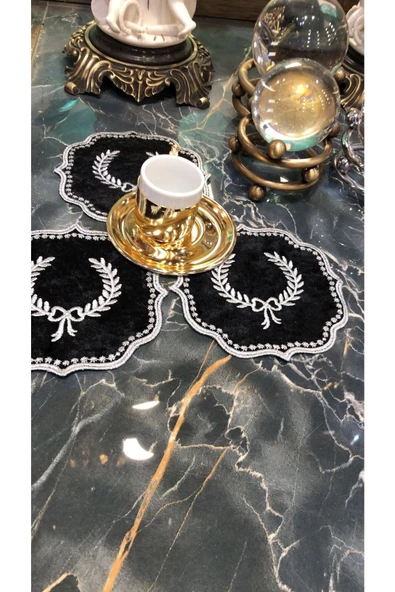 Arma Siyah Gold 6'lı Kokteyl Kahve Sunum Peçetesi Maraş Işi Sırma Nakış Işlemeli Sunumluk Peçete - 5